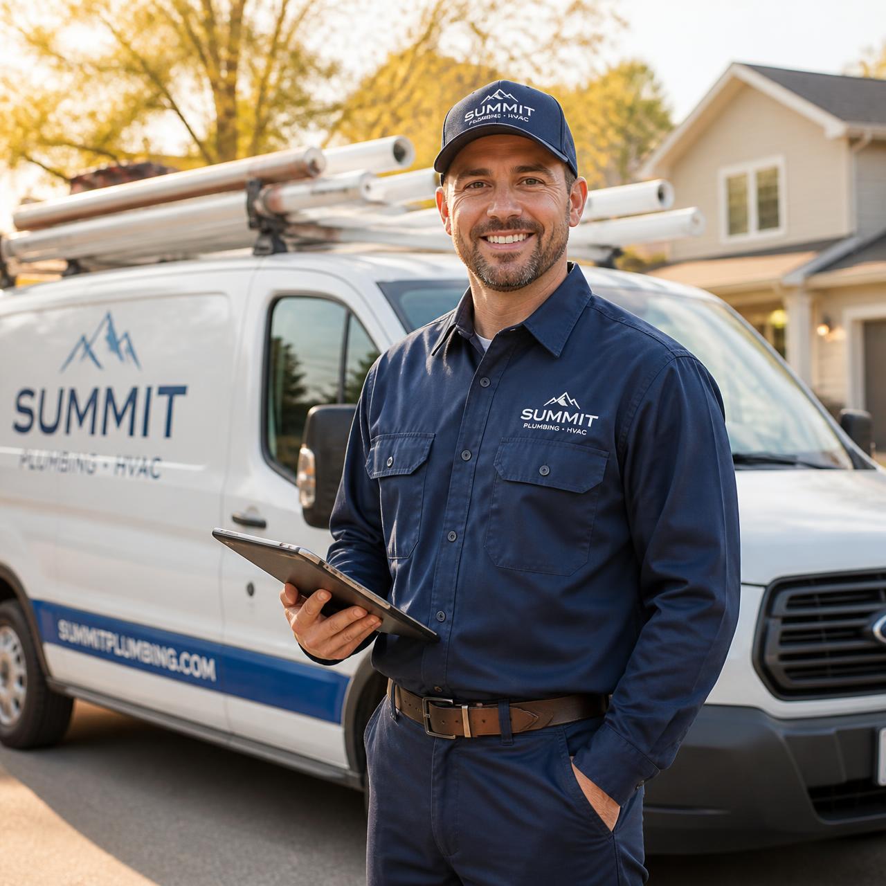 Home-service contractor standing beside a service van holding a tablet